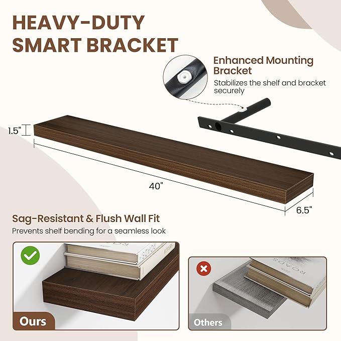 Acovy 40 Inch Floating Shelves for Wall 2 Pack, 40" Wall Shelves for Books, Storage, Decor, Wall Mounted Floating Shelf with Invisible Brackets for Kitchen, Living Room, Walnut