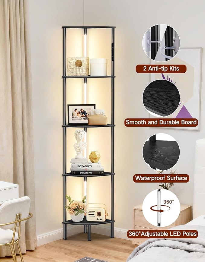 5-Tier Corner Bookshelf with LED Lights, Touch & Remote Control, 3 Color Temperatures, Dimmable Narrow Display Shelf with 1-Hour Timer for Living Room, Bedroom, Office(Black)