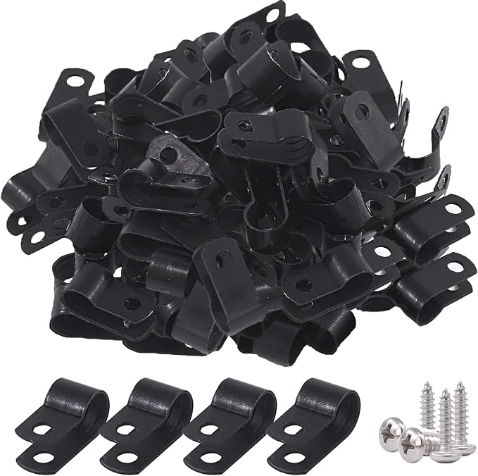 Glarks 120Pcs 5/16 Inch Black Nylon Screw Mounting R-Type Cable Clip Wire Clamp Kit with 120Pcs Screws for Wire, Conduit and Cable Conduit