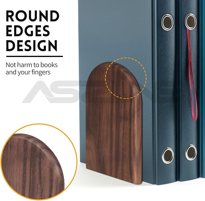 Book Ends, 1Pairs Walnut Heavy Duty Bookends, Holds Heavy Books, Non-Skid, Perfect for Office Desk