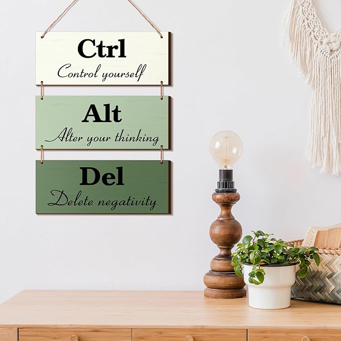 Qunclay 3 Pcs Office Wall Decor Green Wood Rustic Hanging Cubicle Decor Summer Inspirational Ctrl Alt Del Sign Decoration for Bathroom Indoor Home Living Room