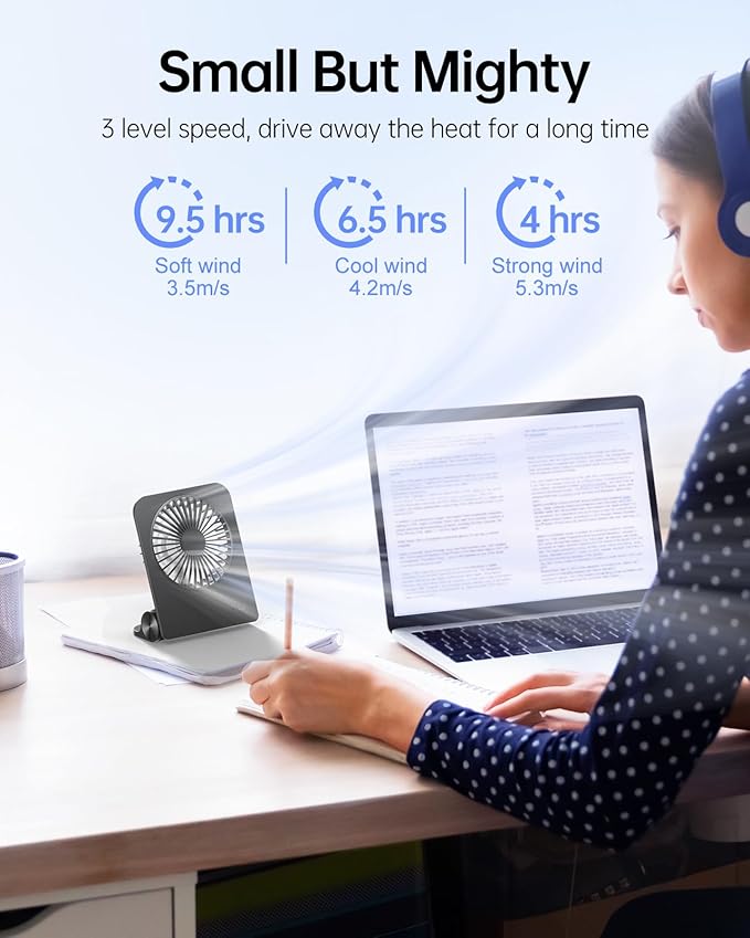 TriPole Desk Fan Small Portable Fan 2000 mAh Rechargeable Battery Ultra Quiet 4.5 Inch Mini Travel Fan with 180° Tilt Folding and 3 Speeds Adjustable for Home Office Desktop Black