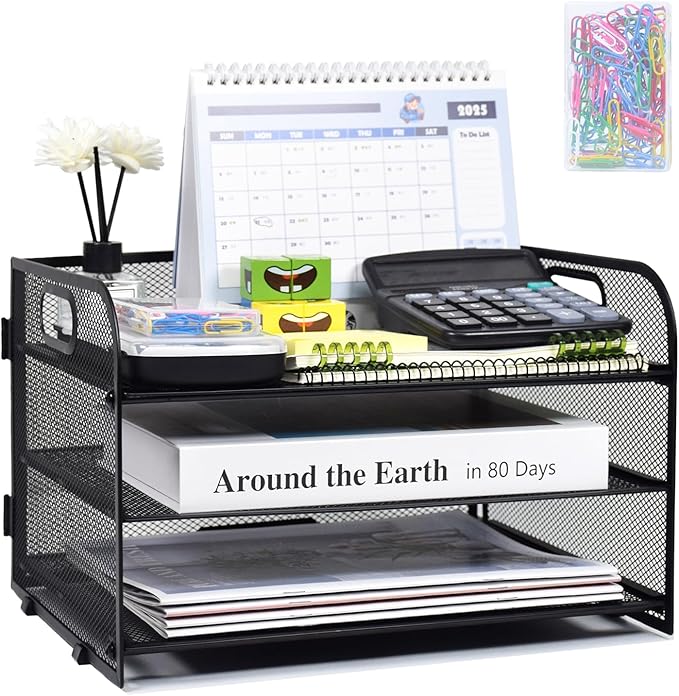 SAYEEC 3 Tier Paper Organizer Letter Tray with Handle Black Mesh Desk File Organizer with 1 Sliding Tray and 160 Paperclips Metal File Folder Holder Document Mail Paper Sorter for Office Home School