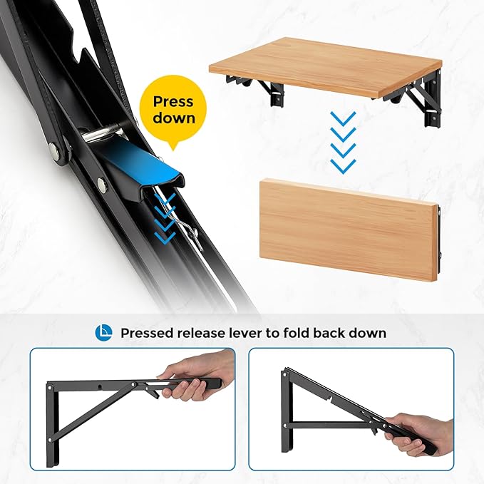 Home Expert 14 Inch Folding Shelf Brackets, 6 Pack (3 Pairs) Heavy Duty Metal Collapsible Wall-Mounted Brackets, Space-Saving DIY Foldable Shelf for Benches and Tables, Matte Black
