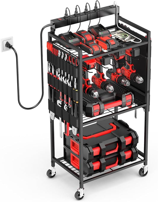 JUNNUJ Garage Large Power Tool Organizer Cart with 8 Outlet 3 USB Charging Station, Floor Rolling Drill and Tools Battery Storage Cart on Wheels, Heavy Duty Utility Rack Shelf with Power Strip, Black