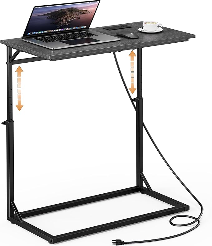 Vagusicc C Shaped End Table with Charging Station, Large C-Table End Table Adjustable Height Side Table for Couch, Sofa Table Slide Under Couch Table TV Tray Table for Living Room, Bedroom,Gray Walnut