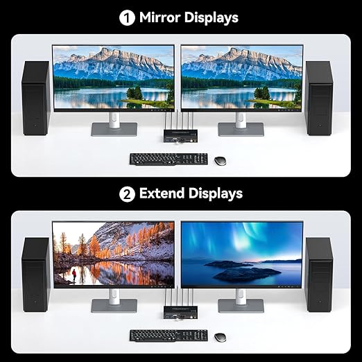 HDMI+Displayport KVM Switch 2 Monitors 2 Computers 8K@60Hz KVM Switcher for Two PC Share Dual Monitors and 4 USB 3.0 Ports Support Extended/Copy Mode with Desktop Controller&2 USB Cables