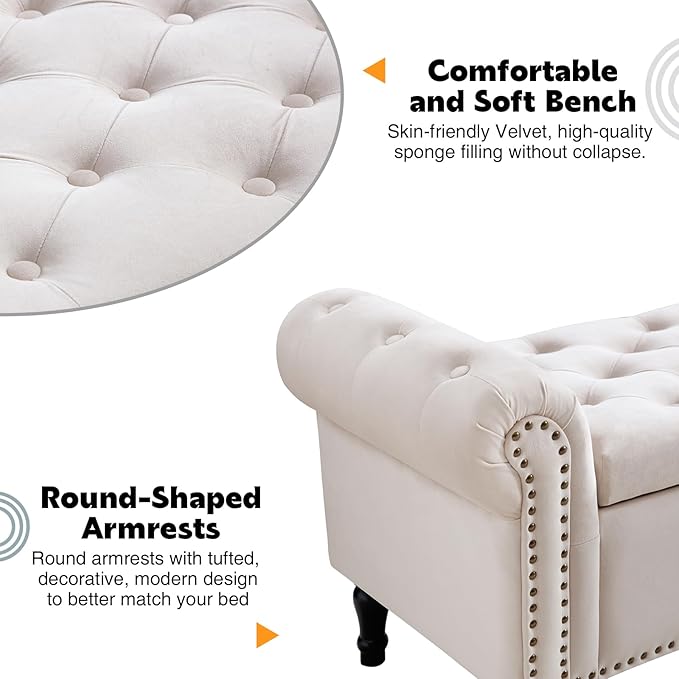 67'' End of Bed Storage Bench King Size, Storage Bench for Bedroom End of Bed, Upholstered Tufted Storage Ottoman Benches with Arms for Living Room, Entryway, Velvet Beige