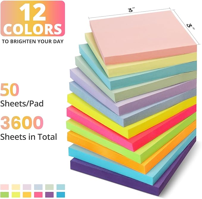 Sticky Notes, 72 Pads, 3x3 Inches Self-Stick Note Pads, Perfect for Office, Study, and Daily Life Organization - Bright