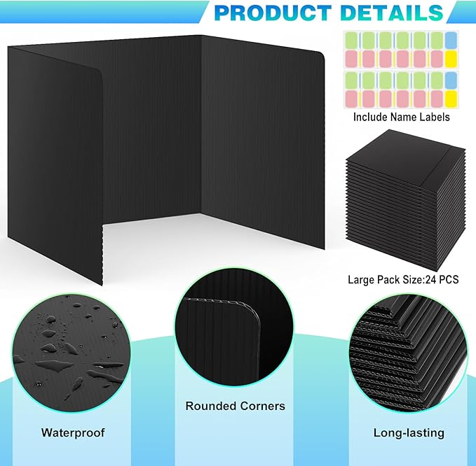 24Pack Black Desk Dividers for Student, Privacy Folders for Classroom Students, Foldable Study Carrels Teacher Supplies, Easy-Clean Testing Dividers with Lables for Exam, Library Focus & Photo Shoot