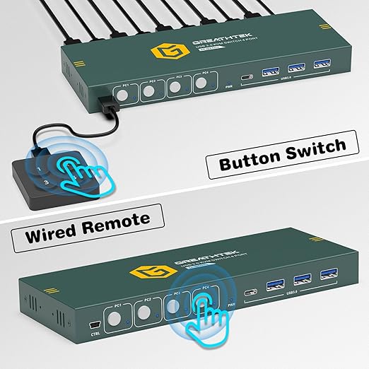 USB3.0 KVM Switch HDMI 4K@60Hz for 4 Computers Share 1 Monitor, KVM Switch 4 Port with 3 USB 3.0 Ports Share Keyboard Mouse, Support Button Switch, Plug and Play