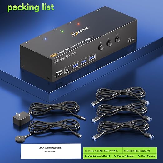 KVM Switch 3 Monitors 3 Computers 4K@60Hz,EDID Simulation,HDMI Displayport Triple Monitor KVM Switch,3 Monitor KVM with 4 USB 3.0 Ports for Keyboard Mouse, Wired Remote and 3 USB3.0 Cables Included