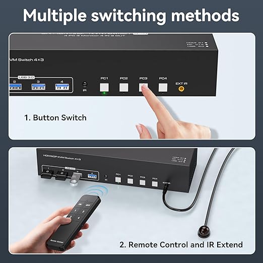 KVM Switch 3 Monitors 4 Computers 4K144Hz 2 Displayport HDMI Triple Monitor KVM for 4 PC Sharing 3 Screens and 4 USB 3.0 Port with Controller