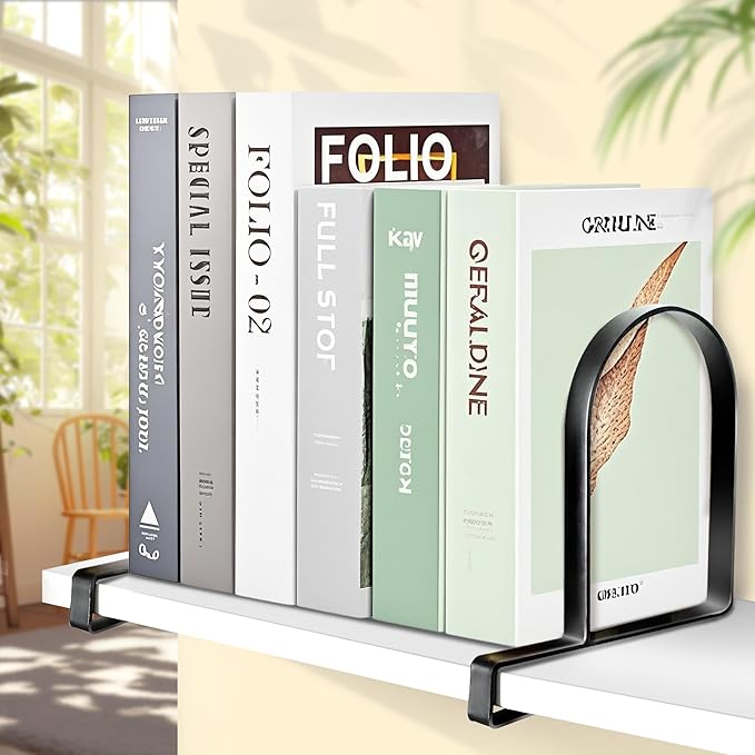 AJART Book Ends for Shelves: Black Heavy Duty Bookends - Metal Clamp Book Organizer Storage Holders (Matte Black)
