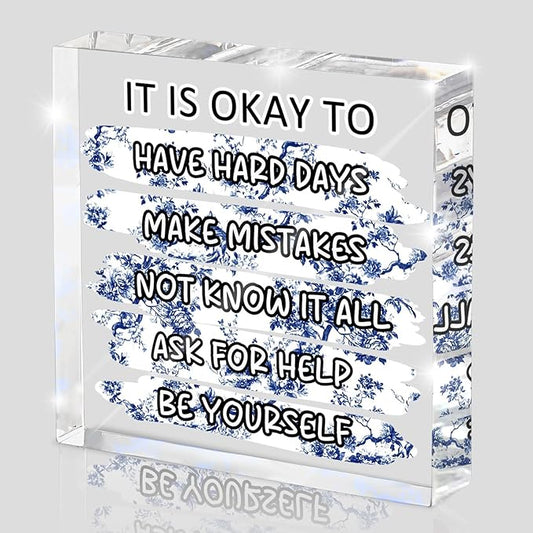 "It's Okay..." Mental Health Decor, Blue and White Porcelain Color Office Acrylic Gift Therapy Inspirational Decorations for School Counseling Office Therapy Desktop Art Decoration School Counselor