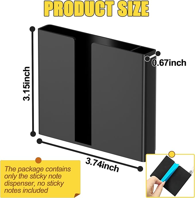 2Pcs Sticky Note Dispenser, Magnetic Sticky Note Holder for Post It Notes, 3 x 3 Inch Sticky Note Pen Organizer for Office Home Classroom, Black