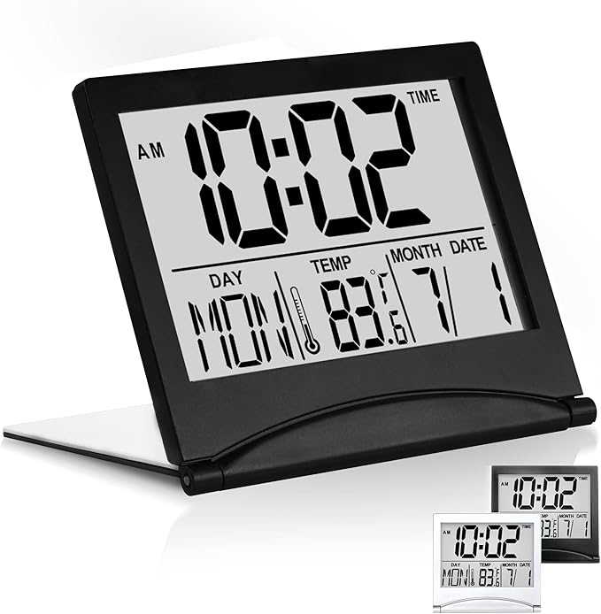 Betus Digital Travel Alarm Clock – Foldable Calendar, Temperature & Timer with Snooze – Large Number Display, Battery Operated – Compact Desk Clock for Home & Office (Black)