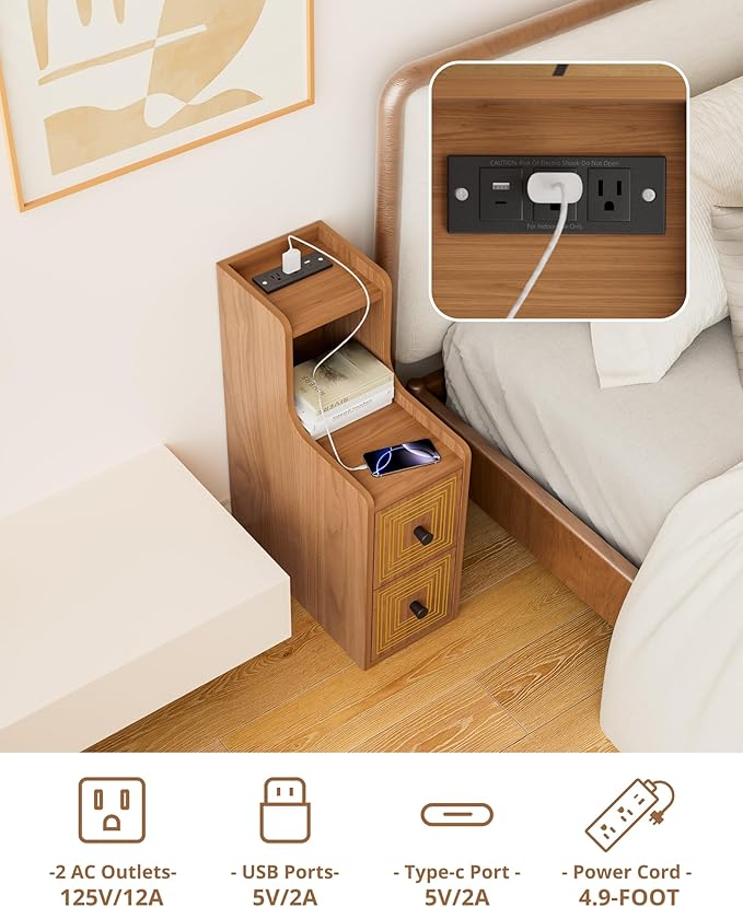 Set of 2 Narrow End Table with Charging Station, Slim Side Table with Gilt Line, Mid Century Modern Nightstand with Drawers for Living Room, Walnut