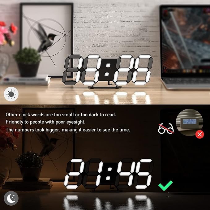 3D LED Clock Desk Alarm Clock Wall Clock with Remote Control, 9.7" LED Electronic Clocks, Snooze Model, Temperature, Night Light Auto/Custom Brightness