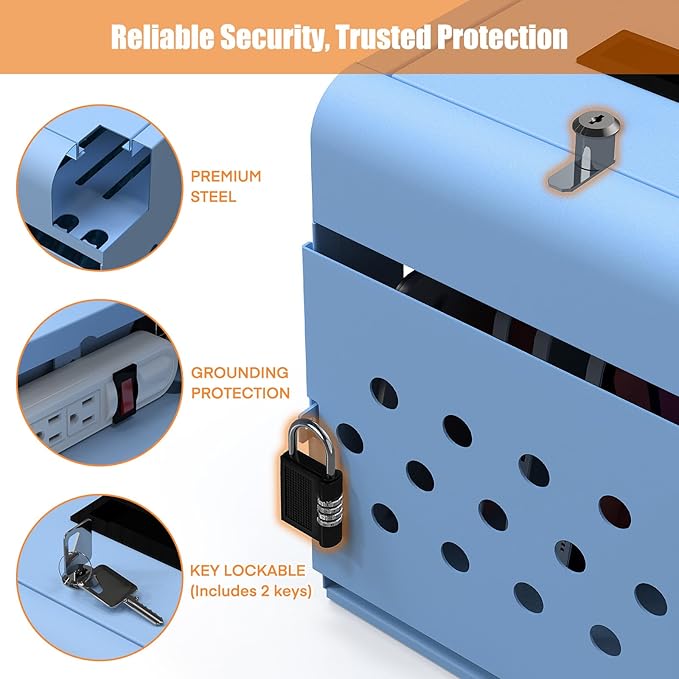 8 Tablet Charging Station Lock Box - Fits 14" Screen, Steel Case & Lockable Door,2 Keys Included - for Chromebook,ipads,Laptop and Tablets - Ideal for Offices, Classrooms and Hospitals(Blue)
