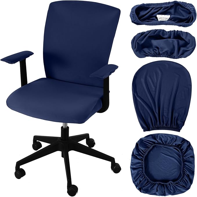 Tallew 4 Pcs Office Chair Covers Set Computer Universal Protective Stretchable Chair Seat Covers Desk Armrest Cover Pads Office Cushion Backrest for Rotating(Regular,Navy Blue)