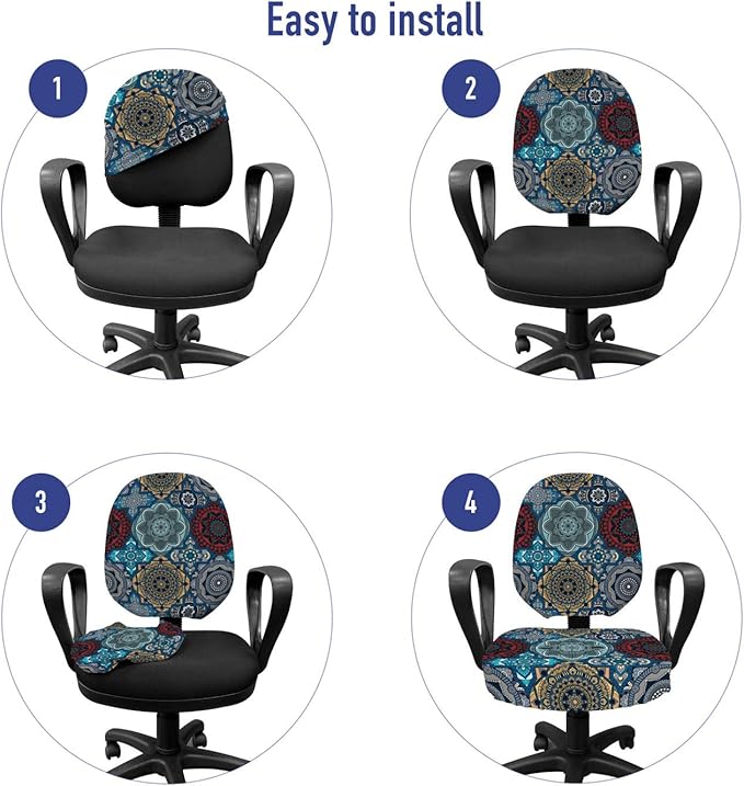Ambesonne Moroccan Office Chair Slipcover, Patchwork Style Vintage Ottoman Inspiration Retro Motifs, Protective Stretch Decorative Fabric Cover, Standard Size, Brown Blue