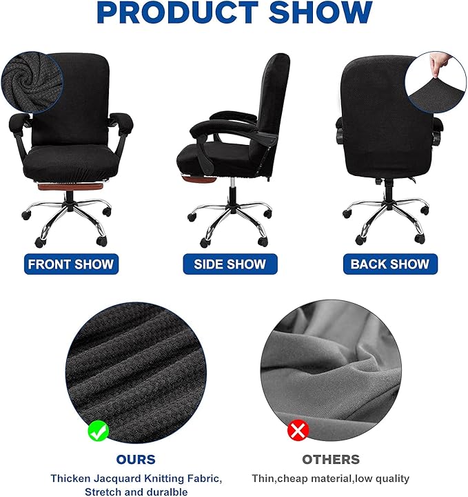 NeColorLife Office Chair Cover with Armrest Covers Stretchable Desk Chair Cover Thick Checked Jacquard High Back Office Seat Cover for Universal Rotating Chair (Large Size,Black)