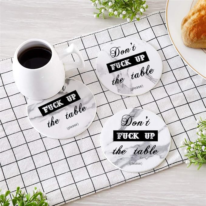 Funny Coasters, 6 Pcs Leather Coasters with Holder, Perfect Housewarming Hostess Gifts, Protect Furniture from Water Marks Scratch and Damage(6Pcs, White Marble)