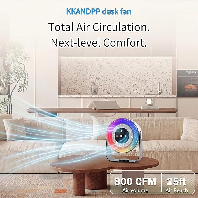 Desk Fans for Bedroom,Portable Colored LED Light 100 Speed Digital Display USB Rechargeable Table Fan,Quiet Wall-Mounted Desk Fan for Home Office Bedroom Camping Traveling(White)