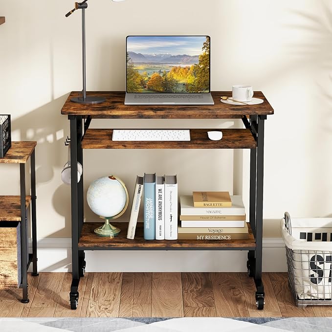 Giantex Rolling Computer Desk, Mobile Portable Desk with Keyboard Tray & Wheels, Laptop PC Table Cart with Shelf & Hooks, Industrial Small Desk for Small Spaces, Home Office, Bedroom, Rustic Brown