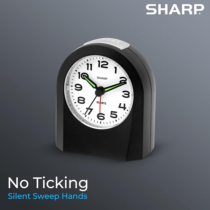 Sharp Small Battery Operated Analog Alarm Clock Silent No Ticking, Lighted on Demand and Snooze, Beep Sounds, Gentle Wake, Ascending Alarm, Black