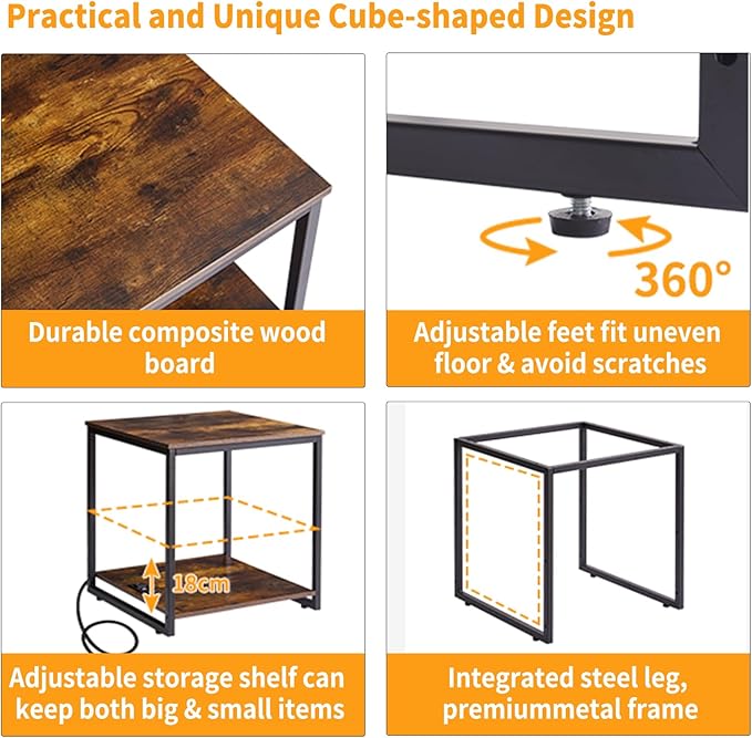 Aibiju Square Side Table with Charging Station and USB Port, 20-inch Multi-Functional Side Table/Printer Table with Adjustable Storage Shelf, Retro Brown YD-TM153HD