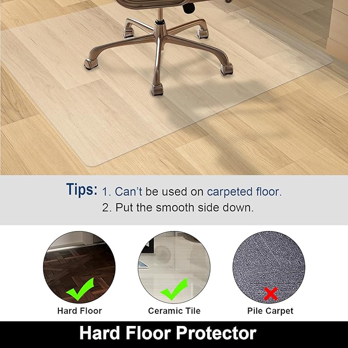 AiBOB Office Chair Mat for Hardwood Floor, 36 X 48 inches, Hard Floor Chair Mats Under Computer Desk, Easy Glide for Rolling Chairs, No Curling