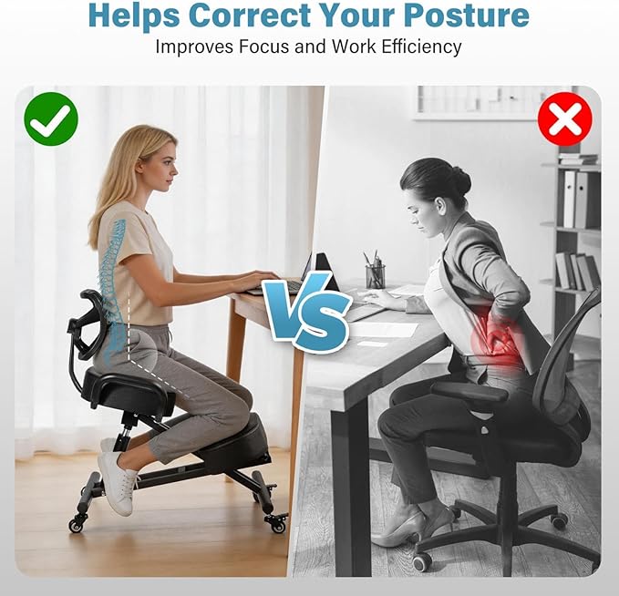 Ergonomic Kneeling Chair with Backrest & Lumbar Support, Adjustable Desk Chair with Wheels & Thick Cushion, Improve Sitting Postures & Relieve Lower Back Pressure, Perfect for Study & Work from Home