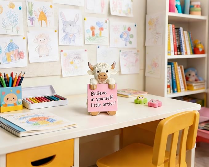 Highland Cow Pop-up Sticky Note Dispenser, Includes 1 Pad of 3x3 in Super Sticky Notes, 100 Sheets, Resin Cute Handmade Desk Holder for Office & Home-Beige