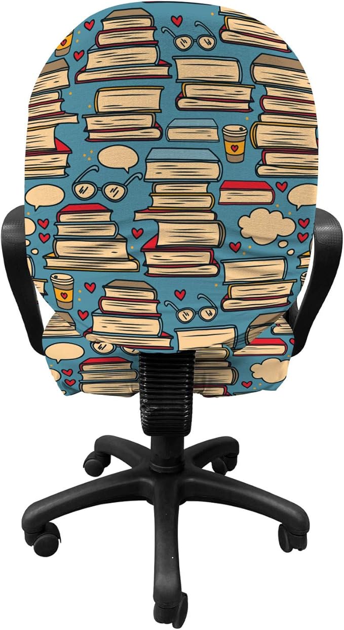 Ambesonne Geek Office Chair Slipcover, Repeating Pattern with Stack of Books Combined with Hearts Coffee and Nerd Glasses, Decorative Stretch and Washable Fabric Cover, Standard Size, Multicolor Cream