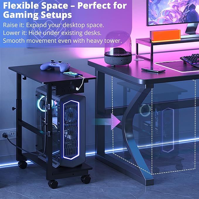 HavenlyYouth 2-Tier Computer Tower Stand with Power Outlet, Height Adjustable PC Tower Stand with Wheels, ATX-Case CPU Holder Cart with Hooks for Home, Office, Gaming (Black)