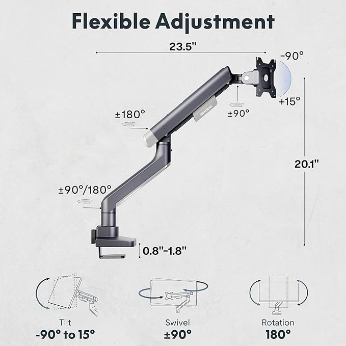 FlexiSpot Single Monitor Arm, Premium Aluminum Monitor Desk Mount Fits Screen up to 35 Inches, Fully Adjustable Monitor Stand with C-Clamp & Grommet Base, Holds 6.61 to 26.46 lbs, Gun Gray