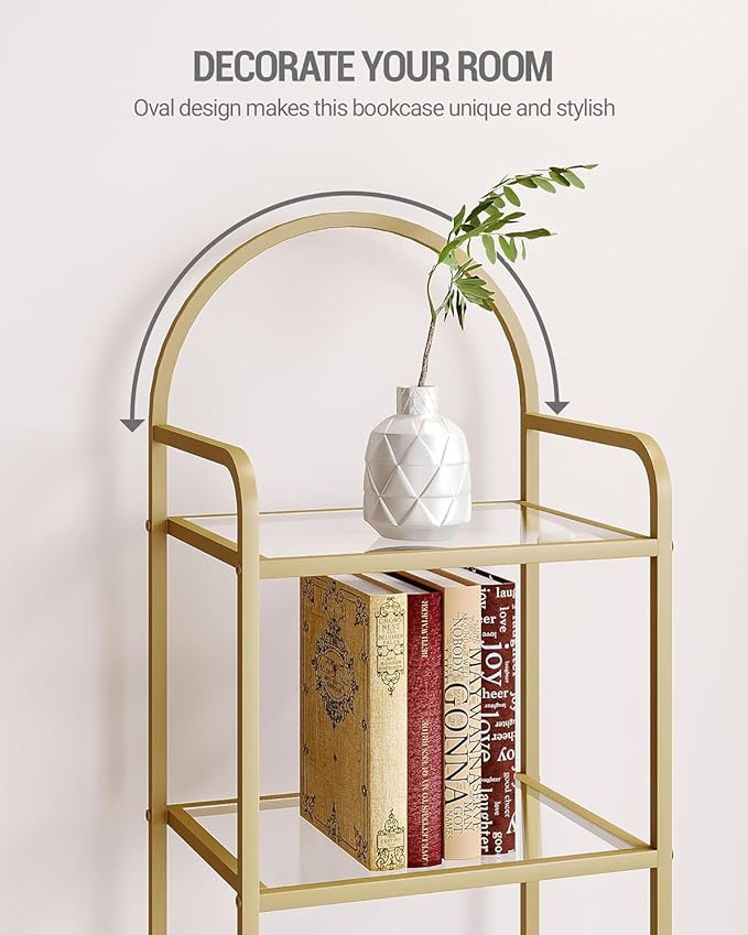 Hzuaneri Bookcase Bookshelf, Tempered Glass Bookshelves, Slim Shelving Unit for Bedroom, Bathroom, Home Office, Steel Frame, 4 Tier Gold BC04001G
