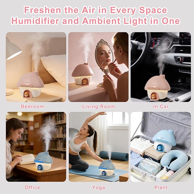 Mushroom House Humidifiers, Rechargeable Desktop Silent Air Humidifier with Night Light, USB Portable Cute Mist Humidifiers with Rainbow Gradient Lighting for Home, Office, Car, and Travel (Pink)