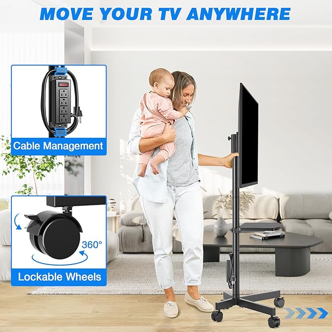 Rfiver Mobile TV Cart with Power Outlet, Rolling TV Stand for 23-65 Inch LCD LED OLED Flat Panel Curved Screen TVs up to 88 lbs, Height Adjustable Portable TV Stand with Wheels, Max VESA 400x400mm