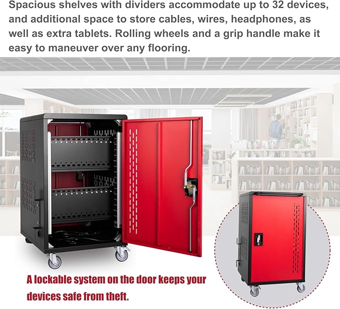 32 Device Mobile Charging Station for Laptops/Tablets/iPads/Chromebooks,32 Bay Lockable Charging Cabinet with Power Strip for Classroom,School Charging Carts with Casters