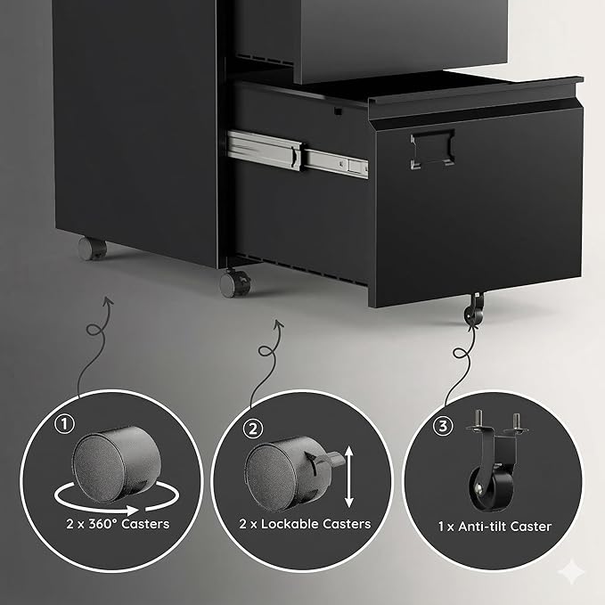 Aobabo Rolling File Cabinet with Lock,2 Drawer Metal Filing Cabinet for Home Office & Under Desk, Heavy-Duty Mobile Storage with 5 Wheels (Anti-Tilt), Fits Letter/Legal, Black,Required Assembly