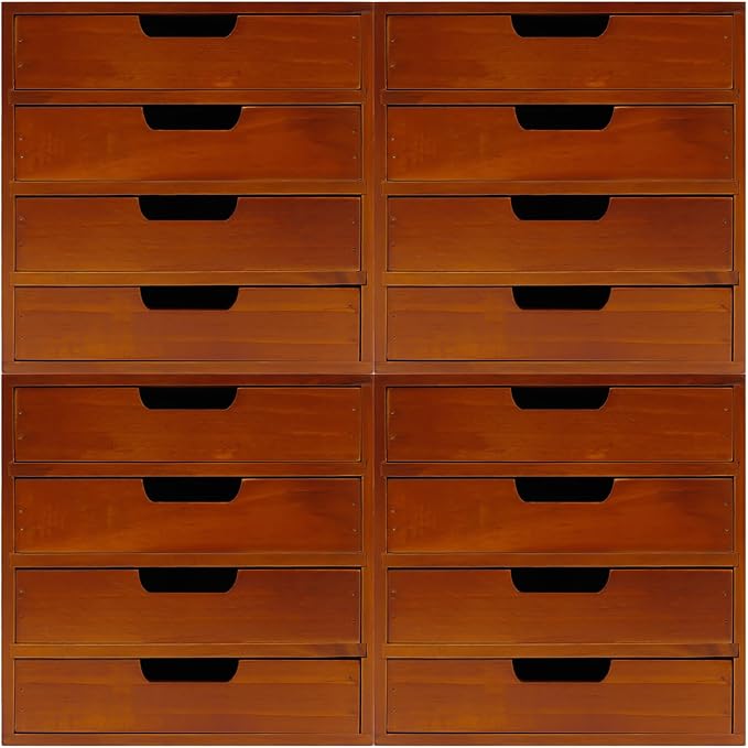 4 Pcs Drawer Cabinet Set, Wooden Storage Box Rustic Desktop Organizer, Mahogany Wood Stackable Units, Small Craft Storage Containers Apothecary Cabinet and Chest Jewelry Holder
