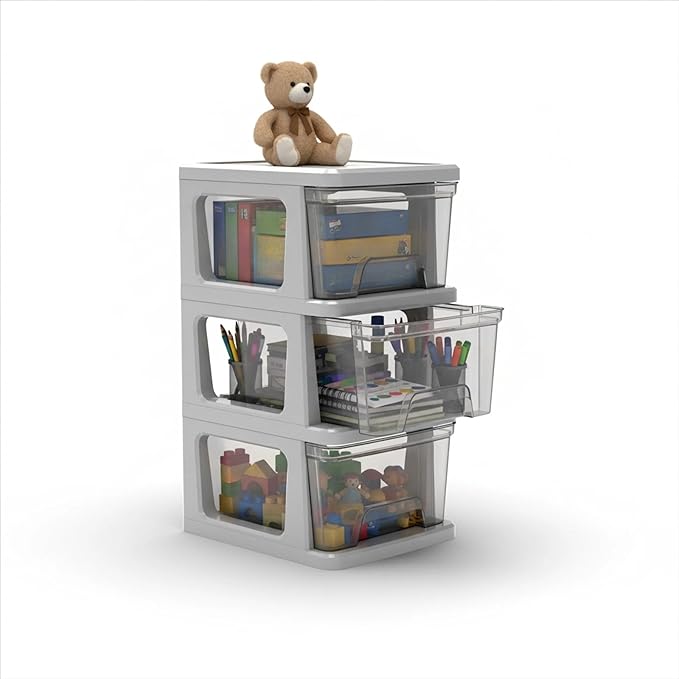 Plastic Drawer Wide Tower Plastic Storage Cart with Clear Pull Out Drawers, Silver (3 Drawer Wide Tower)