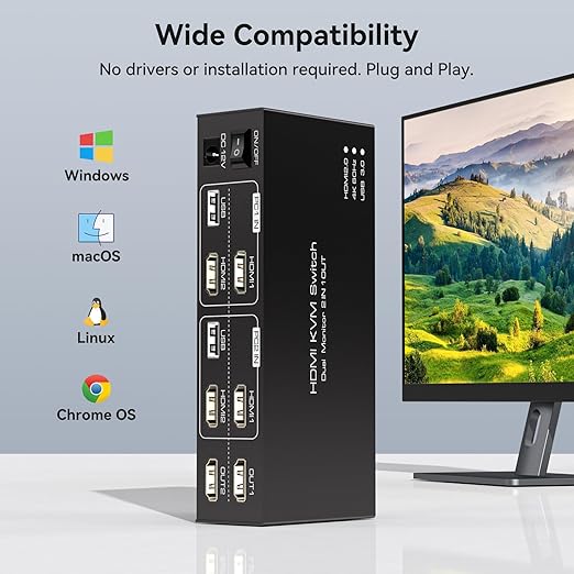 HDMI KVM Switch 2 Monitors 2 Computers Support 4K@60Hz USB 3.0 KVM Switches Share Dual Monitors and 4 USB 3.0 Ports Support Extended/Copy Mode with DC 12V Adapter&Wired Controller