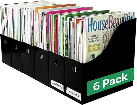Evelots Magazine File Holder - Set of 6 Black - Office Desk Organizer - Sturdy Cardboard - New Upgraded Double Front Panel for More Stability - Full 4 Inch Wide - Easy Assemble