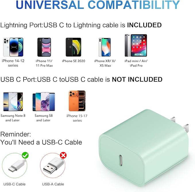 iPhone 14 13 12 11 Charger Fast Charging iPhone Fast Charger 3-Pack 20W iPad Chargers 6FT C Chargers Fast Charging Cord Whit iPhone 14/14 Max/13 Pro/13/12 Mini/12 Pro Max/11 Max/Xs and iPad(Green)