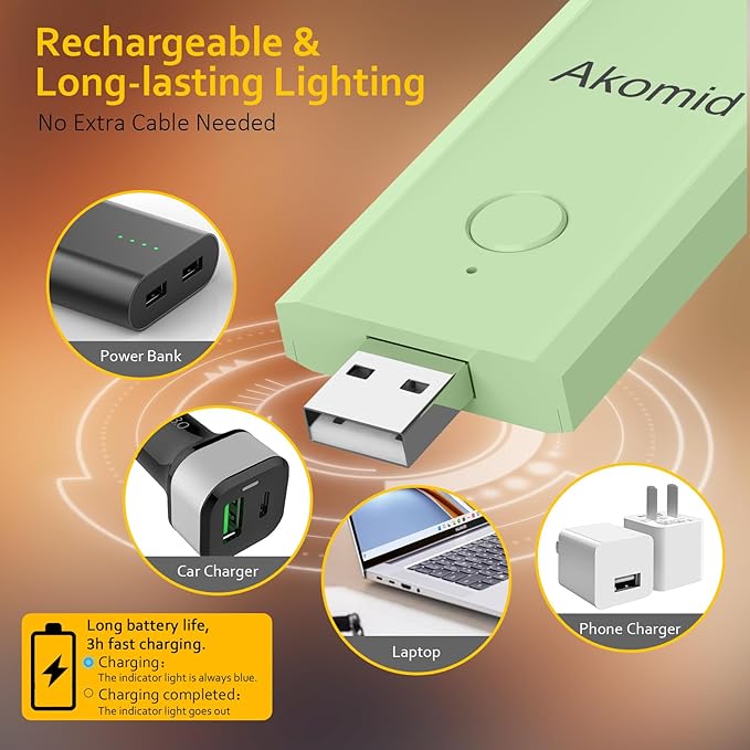 Akomid Book Light, USB Rechargeable, Eye-Cared Amber Light, 8 LEDs, Green, Modern Style, Metal & Plastic, Clip-On, Stepless Dimming, for Reading in Bed, Kids, Living Room