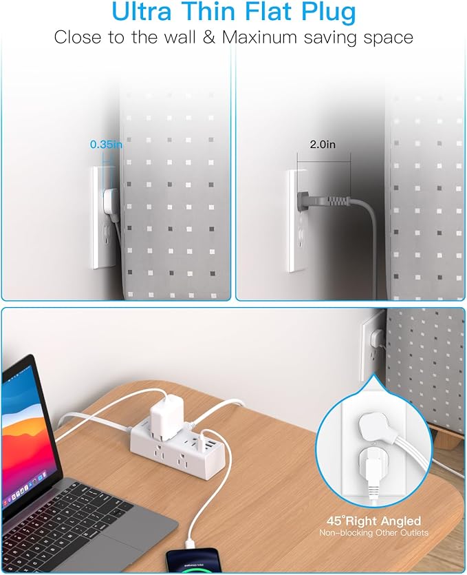 15Ft Extension Cord with Multiple Outlets, Flat Plug Power Strip Surge Protector with 15 Ft Long Cord, 6 Outlet 3 USB Ports (1 USB C), Multi Outlet Wall Plug for Travel, College, Dorm Room Essentials